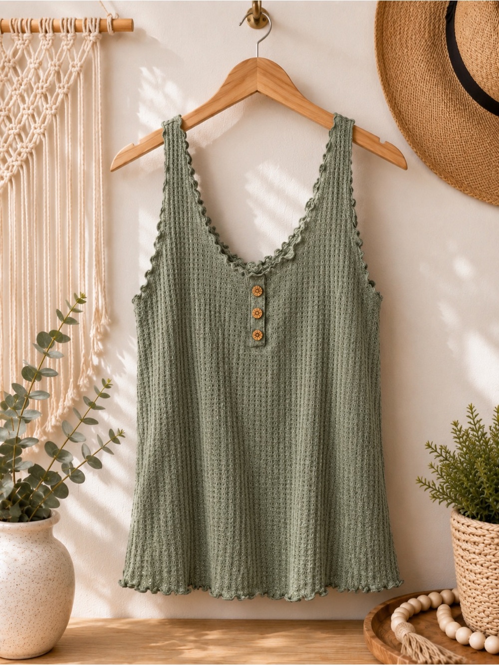 Women's muted Green Knit Tank Top with Button Detail